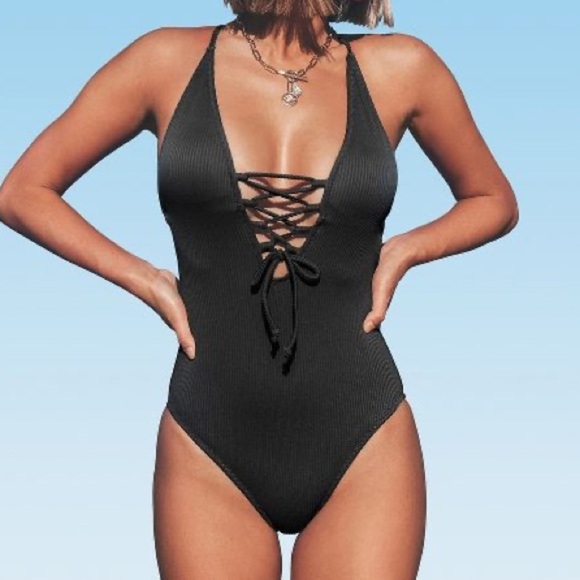 Cupshe Other - NEW Black V Neck Lace Up One Piece Swimsuit Size XL
